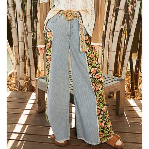Pol Denim - POL Striped Denim/Floral Wide Pants